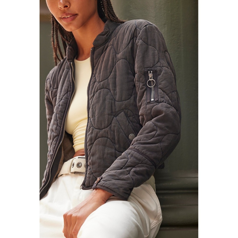Free People Aura Liner Jacket Grey/Black Quilted Bomber Zip Up 79391199 SM New